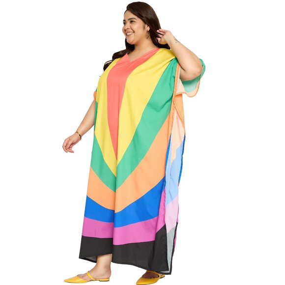 Gypsie Blu Women Rainbow Printed Kaftan Maxi Dress Kimono Sleeve Dress for Beach - Picture 5 of 9